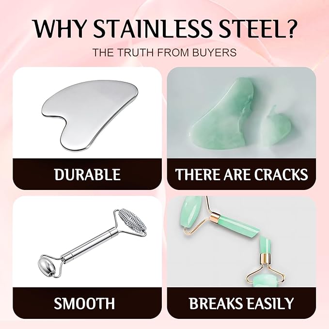 Gua Sha Facial Tools and Face Roller Set, Lymphatic Drainage Massager，Stainless Steel Facial Sculpting Eyes Roller Guasha for Face, Chin & Jawline Sculpting,Skin Care (Stainless Steel)-Velvo Beauty