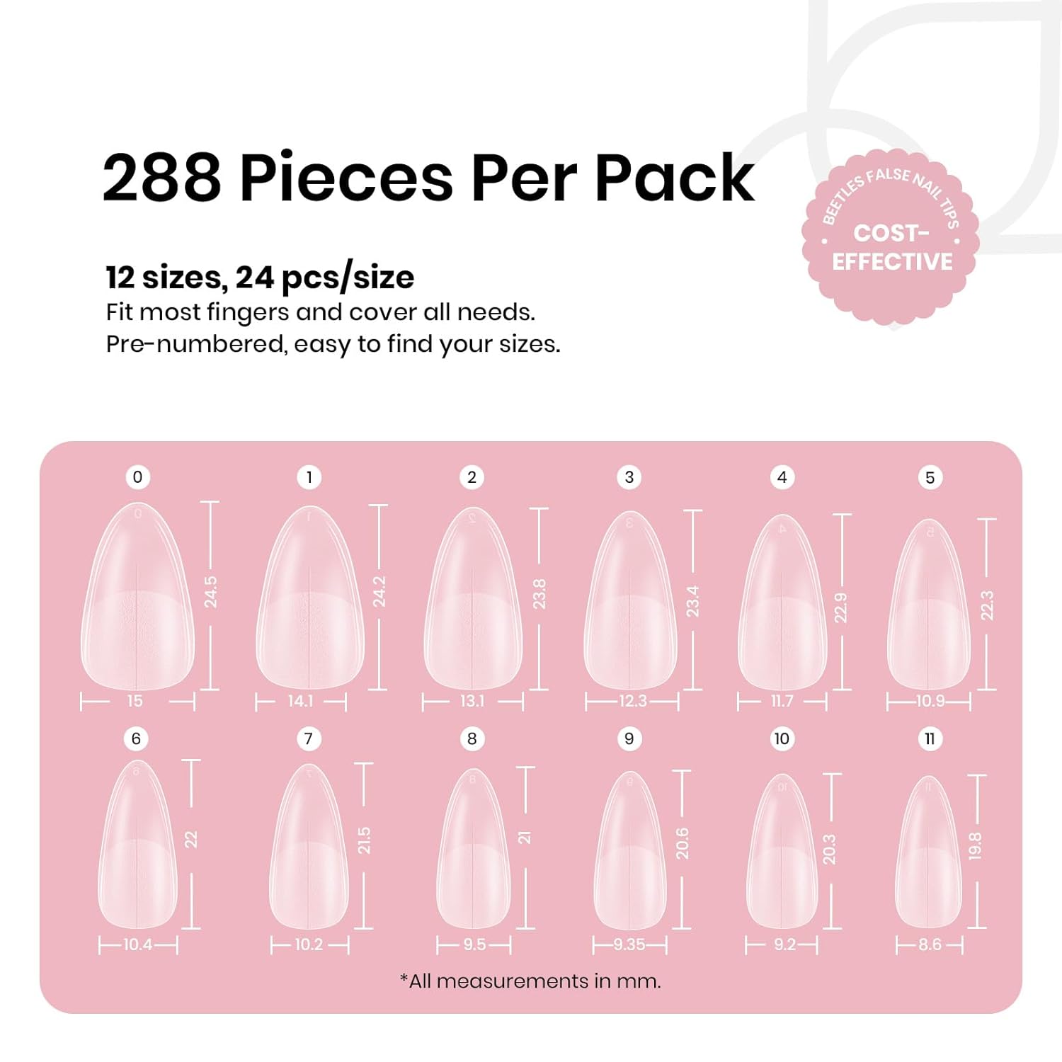 Beetles Medium Almond Nail Tips: 288PCS Medium Almond Matte Clear False Acrylic Press on Nails Tips 12 Sizes Pre-shape Full Cover Nail Tips Nail Extension DIY Valentines Day Gifts for Women-Velvo Beauty