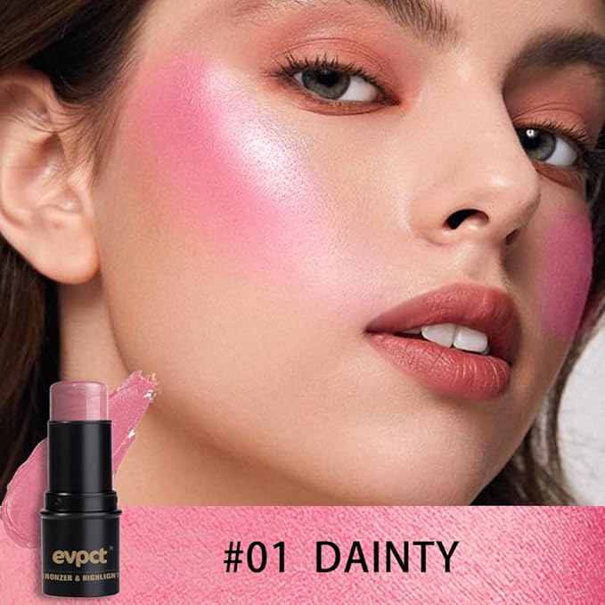 evpct 2Pcs Shimmer Pink Rose Cream Blush Stick for Cheeks Lips Tint Eyes Contour Highlighter Makeup Sticks Lightweight Hydrating formula rubor en crema para los cachetes 01 Dainty & 05 Sweet Heart-Velvo Beauty