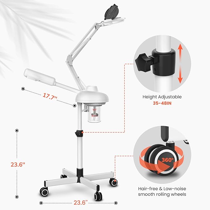 TASALON 2-in-1 Professional Facial Steamer with 5X Magnifying Lamp, Esthetician Steamer on Wheels, White, Facial Steamer, Cleansing, Hydrating, Pore Treatment-Velvo Beauty