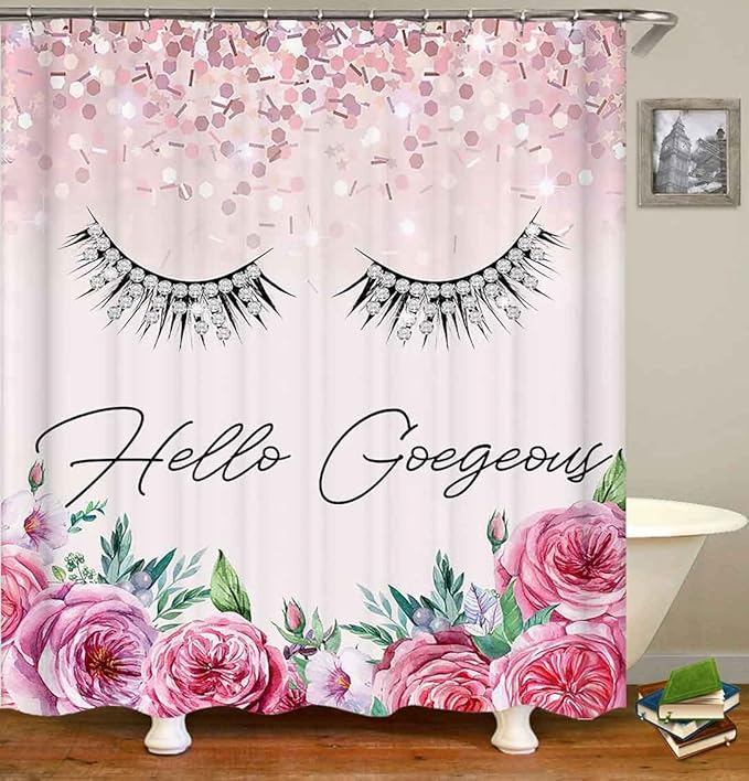 4PCS Hello Gorgeous Shower Curtain Set, Birthday Confetti Botanical Peony Floral Diamond Unicorn Eyelash Teen Girls Pink Bathroom Decor, Waterproof Fabric Shower Curtain, Bath Mat Toilet Rug-Velvo Beauty
