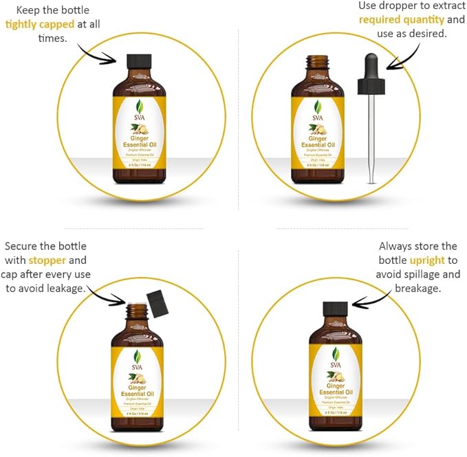 SVA Ginger Essential Oil – 4 Fl Oz – 100% Natural Ginger Oil - for Diffuser, Hair Care, Face, Skin Care, Aromatherapy, Scalp and Body Massage, Soap and Candle Making – with Dropper-Velvo Beauty