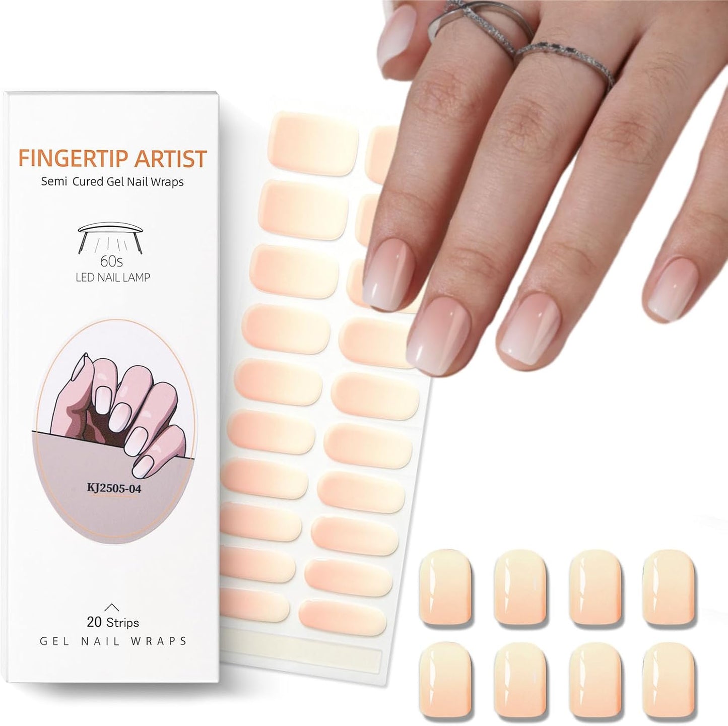 Semi Cured Gel Nail Strips Nude Ombre Gel Nail Strips Glossy Stickers Wraps Need UV/LED Light Salon Quality & Easy to Use for Women 20 Pcs-Velvo Beauty