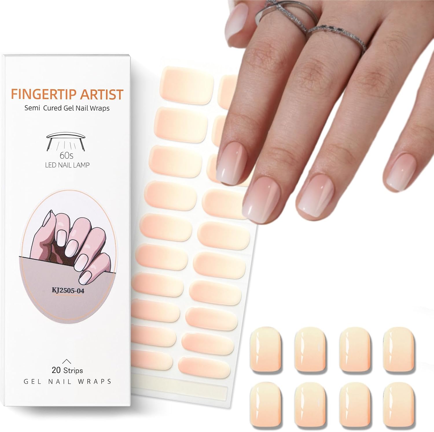 Semi Cured Gel Nail Strips Nude Ombre Gel Nail Strips Glossy Stickers Wraps Need UV/LED Light Salon Quality & Easy to Use for Women 20 Pcs-Velvo Beauty