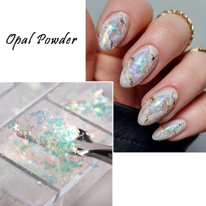 Holographic Iridescent Nail Art Nail Glitter KALEFUL Powder Aurora Foil Sequins Flakes Paillettes Designs Manicure Nail Decorations - 12 Grids-Velvo Beauty