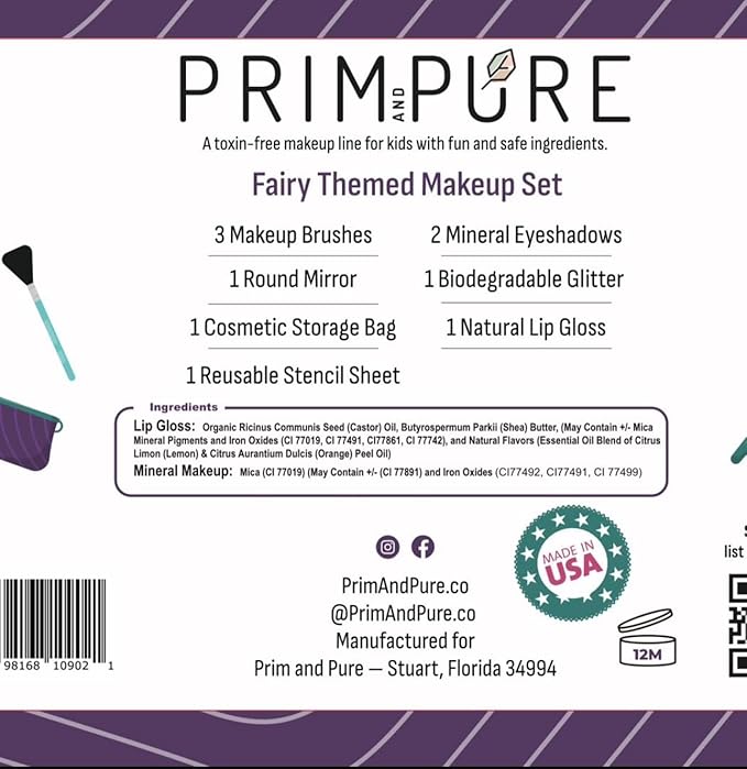 Prim and Pure Kids Makeup Gift Set - Stencil, Makeup Eyeshadow Bioglitter Lip Gloss and Cosmetic Bag Mirror Makeup Brush Accessories (Fairy Purple)-Velvo Beauty