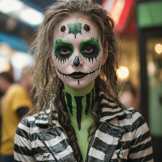 MEICOLY 7Pcs Black White Green Face Body Paint Stick Set with Setting Powder and Sponges,Clown Black White Face Paint,Green Body Paint for Halloween SFX Cosplay Makeup,Waterproof-Velvo Beauty