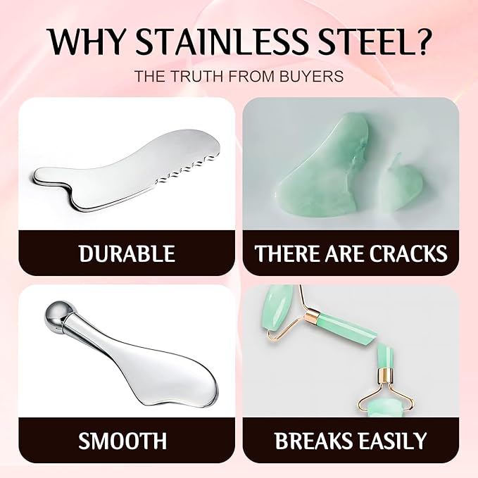 Gua Sha Facial Tools and Face Roller Set, Lymphatic Drainage Massager，Stainless Steel Facial Sculpting Eyes Roller Guasha for Face, Chin & Jawline Sculpting,Skin Care (White)-Velvo Beauty