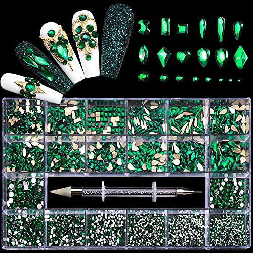 Nail Rhinestones Kit, Nail Art Decorations with Wax Pencil Flat AB Rhinestones Kit DIY Crafts Gemstones for Nail, Shoes, Clothes, Jewels (600 Green diamonds + 2500 flat rhinestones)-Velvo Beauty