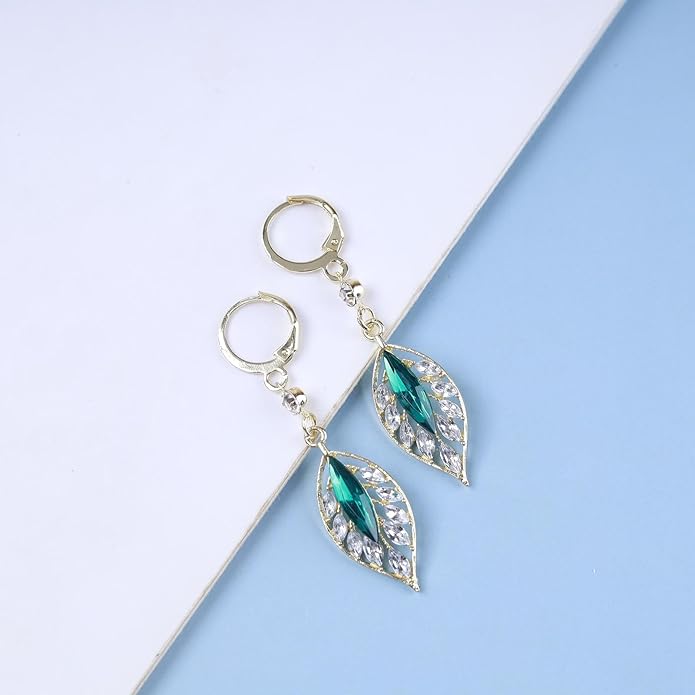 Vintage Emerald Leaf Earrings Rhinestone Leaf Drop Earrings Green Emerald Dangle Earrings Gold Crystal Leaf Hoop Earrings Jewelry for Women-Velvo Beauty