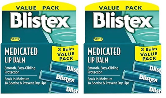 Blistex Medicated Lip Balm, 0.15 Ounce, 3 Count (Pack of 2) Prevent Dryness & Chapping, SPF 15 Sun Protection, Seals in Moisture, Hydrating Lip Balm, Easy Glide Formula for Full Coverage-Velvo Beauty