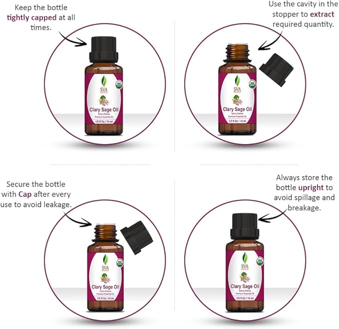 SVA Clary Sage Essential Oil Organic – 1/3 Fl Oz – 100% Natural Organic Clary Sage Oil - for Diffuser, Hair Care, Face, Skin Care, Aromatherapy, Scalp and Body Massage, Soap and Candle Making-Velvo Beauty