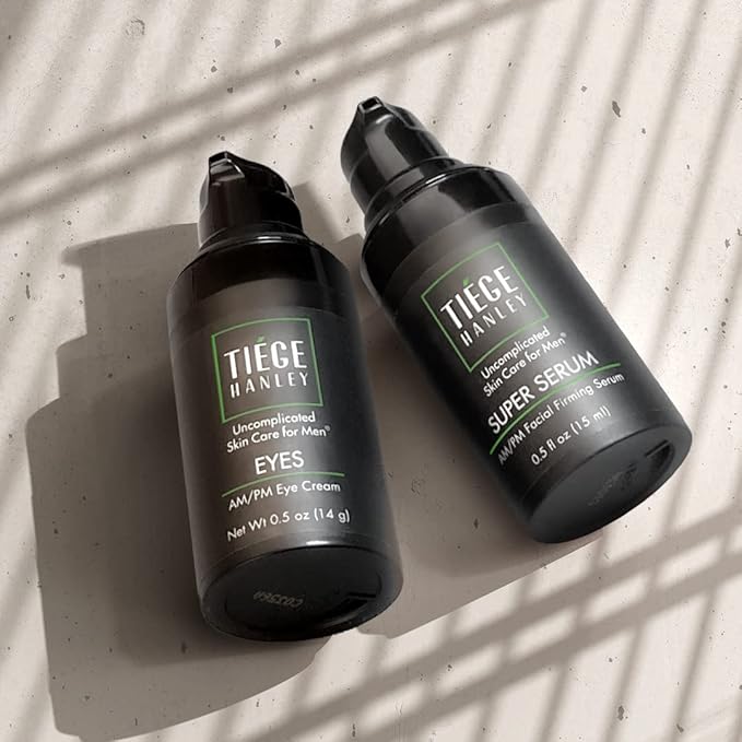 Tiege Hanley Morning and Night Facial Firming Serum (SUPER SERUM) and Eye Cream (EYES) for Men | Anti-Aging Pack | Sodium Hyaluronate and Retinyl Palmitate for Tighter, Smoother Skin | Caffeine to Fight Dark Circles | 0.5 ounces each-Velvo Beauty