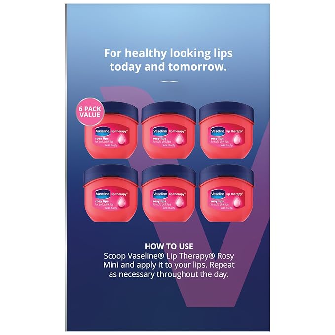 Vaseline Lip Therapy Rosy Lips Mini, Pure Petroleum Jelly, Advanced Moisture, Light Rose Fragrance, Sheer Pink Tint on Lips, Mini Vaseline Petroleum Jelly, Soft Vaseline Lips (Pack of 6-0.25 Oz Ea)-Velvo Beauty