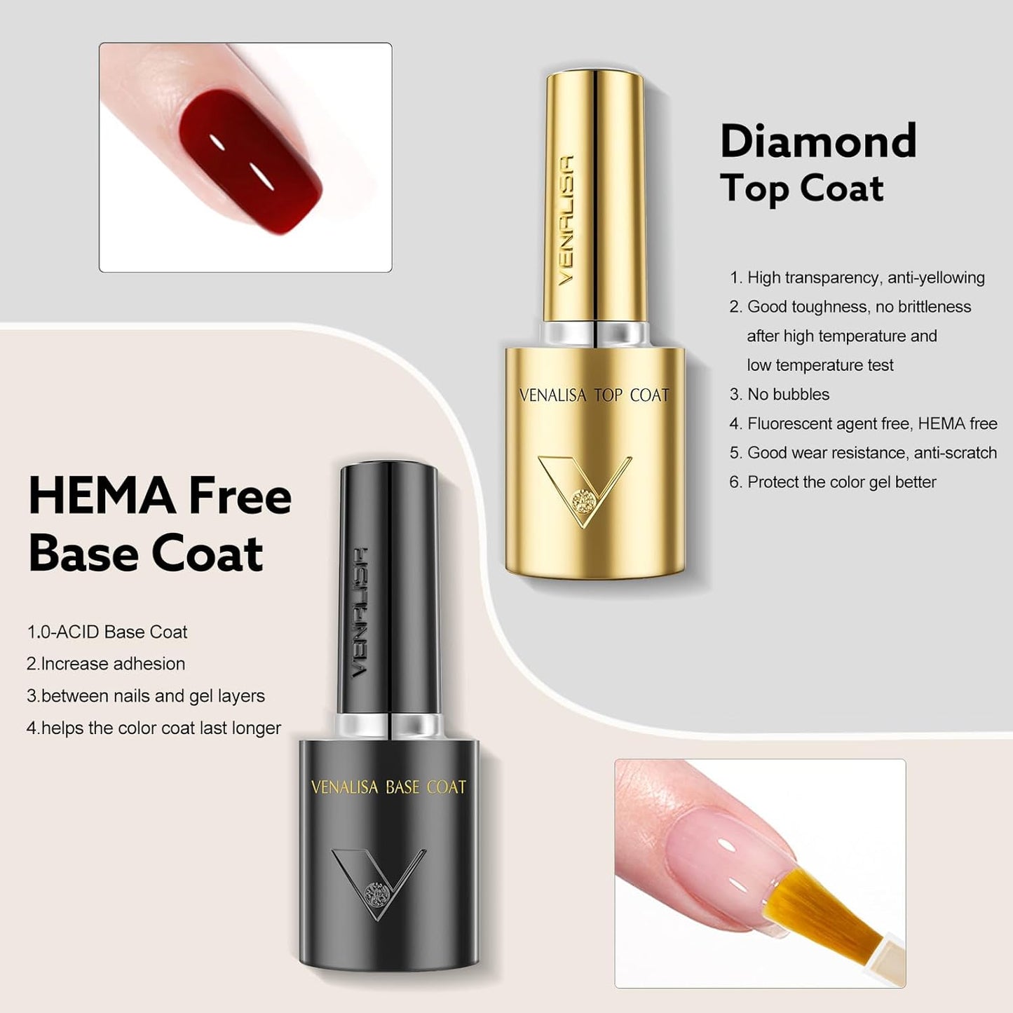 VENALISA 2 Pcs No Wipe Gel Top Coat and Base Coat Set- High Gloss Shiny Base Top Coat Gel Nail Polish Kit, Soak Off Nail Art Home and Professional Manicure-Velvo Beauty