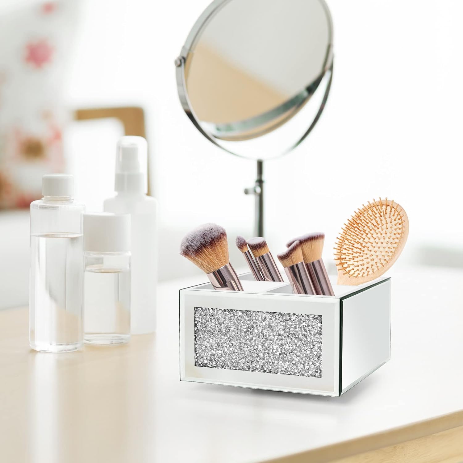 SWTHONY 360 Rotating Makeup Brush Holder Organizer, Silver Bling 4 Slot Crushed Diamond Glass Mirrored Cosmetic Brushes Storage, Eyeliners Eyebrow Pencil Display Case-Velvo Beauty