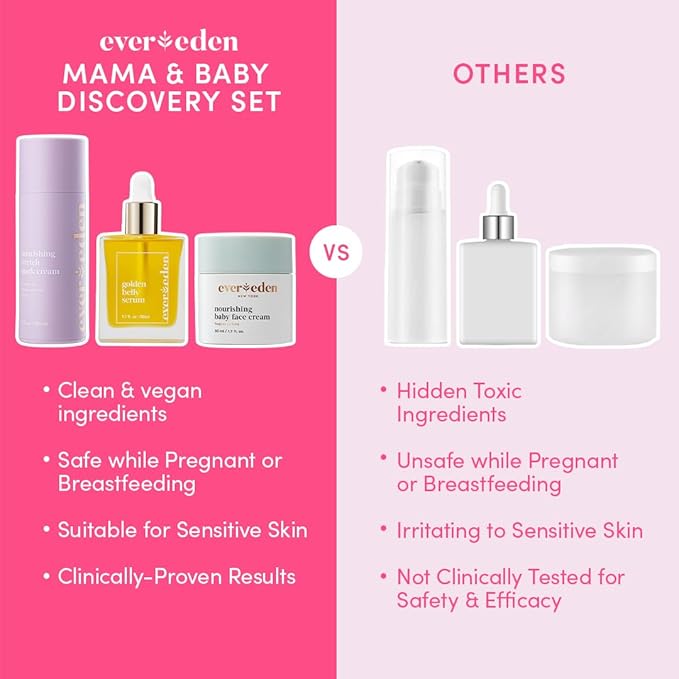 Evereden Mama & Baby Discovery Set - Dermatologist-Developed Clean & Vegan Maternity Skin Care Bundle - Stretch Mark Cream, Belly Serum, & Nourishing Baby Face Cream - Postpartum Gifts for New Mom-Velvo Beauty