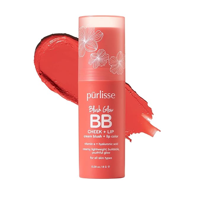 pürlisse Blush Glow Lip and Cheek Tint - Blush Stick for Cheeks and Lips with Vitamin E & Hyaluronic Acid - Hydrating & Buildable 2-in-1 Cream Blush Stick - Summer Coral ( .28 oz)-Velvo Beauty