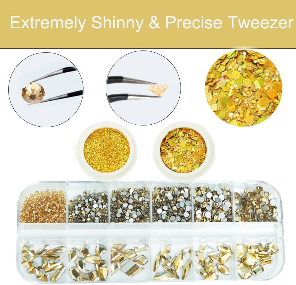 3 Boxes Champagne Gold Nail Rhinestones with Fine Glitters Kit, 60Pcs Big Glass Nail Gems with S6-S16 Flatback Round Stones,Crystals Nail Gem Stones for Faces Body DIY Crafts-Velvo Beauty