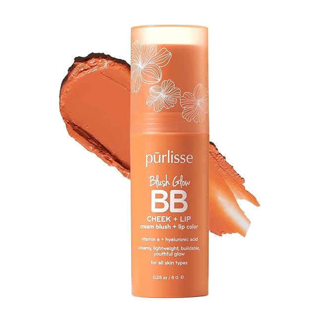 pürlisse Blush Glow BB Lip and Cheek Tint - Hydrating & Buildable 2-in-1 Cream Blush Stick for Cheeks & Lips - Formulated with Nourishing Vitamin E & Hyaluronic Acid - Peach Please (.28 oz)-Velvo Beauty