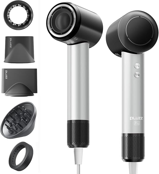 PLUZZ Pro Professional Hair Dryer with 3M Power Cord, 140,000 RPM Brushless Motor High-Speed, 500M Negative Ions, Quiet & Lightweight, Diffuser & Holders Attachments – Salon/Home Use-Velvo Beauty