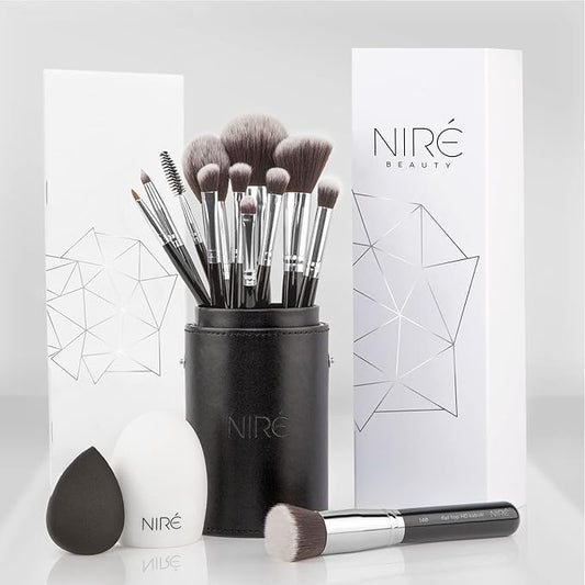 Niré Beauty 15piece Award Winning Professional Makeup Brush Set: Vegan Makeup Brushes with Case, Makeup Sponge, Brush Cleaner, Guide, Gift Box-Velvo Beauty