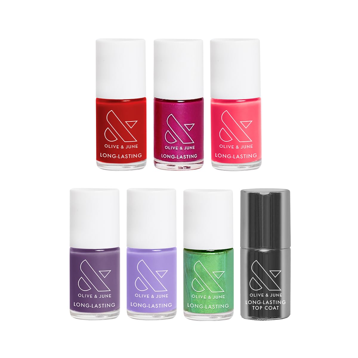 Olive & June Bolds Long Lasting Nail Polish Set | Includes 6 Shades (Bold & Unshaken, Art Class, Because I'm Green, Lily Blooms, CV, Hot Strawberry) + Top Coat | Vegan, Cruelty-Free | Salon-Quality-Velvo Beauty