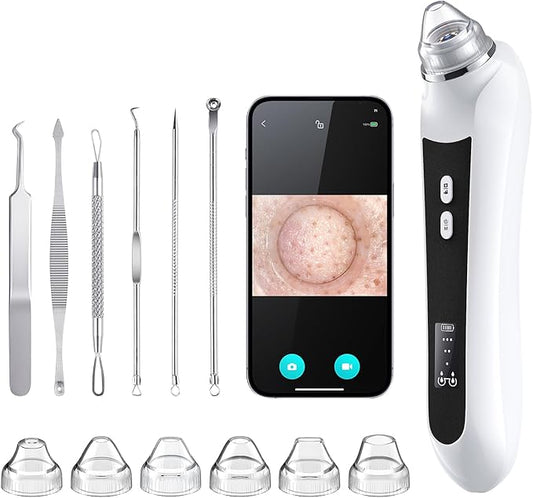 Facial Pore Blackhead Remover Vacuum, 1080P Camera Blackhead Remover, 20x Zoom, 8 LEDs ＆ 3 Suction Modes, 800mAh Battery & USB - 6 Heads Pore Cleaner Kit for Women&Men(Black)-Velvo Beauty