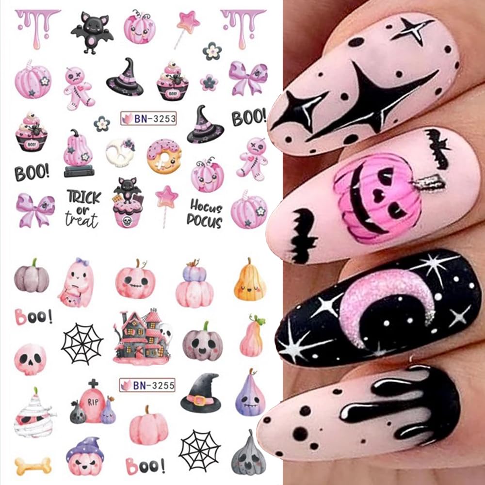 12 Sheets Halloween Nail Art Stickers Pink Pumpkin Water Transfer Nail Decals Cute Ghost Spider Skeleton Acrylic Nail Stickers for Women DIY Manicure Tips Halloween Nail Art Decorations Supplies-Velvo Beauty