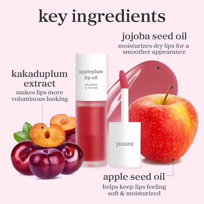 NOONI Korean Lip Oil - Appleplum | Long-Lasting, Moisturizing, Plumping, Revitalizing for Dry Lips, Waterproof, No Peel Off, Korean Tint, Hydrating, Nourishing Crystal Clear, 0.12 FL Oz-Velvo Beauty