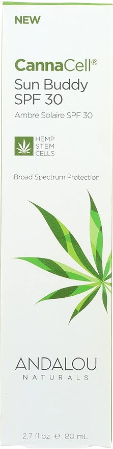 Andalou Naturals Face Sunscreen, CannaCell Sun Buddy SPF 30 with Hemp Stem Cells, Moisturizing Facial Lotion, Broad Spectrum Protection with Non-Nano Zinc Oxide, Reef Safe Sunscreen, 2.7 Fl Oz-Velvo Beauty