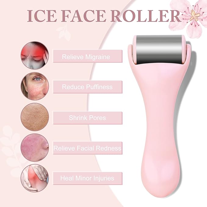 MAANGE Ice Roller for Face 1 Piece Stainless Steel Facial Roller Ice Face Roller for Puffiness,Migraine,Pain Relief and Skin Care (Pink)-Velvo Beauty