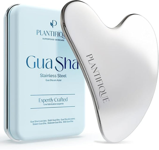 PLANTIFIQUE Stainless Steel Gua Sha | Facial Tool | Skin Massage for Face Body Eyes Neck Heart Style with Travel Pouch | Skin Care Gift-Velvo Beauty