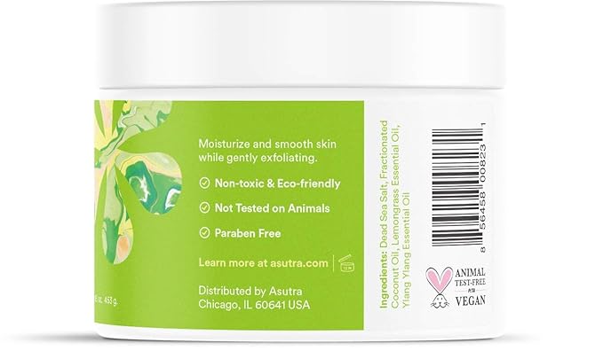 ASUTRA Dead Sea Salt Essential Oil Body Scrub Exfoliator (Uplifting Lemongrass)), 16 oz - Ultra Hydrating, Gentle, & Moisturizing - Coconut, Lemongrass, and Ylang Ylang Oils-Velvo Beauty