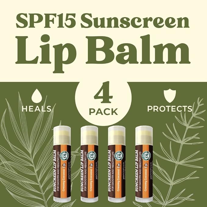 SPF Lip Balm 4-Pack by Earth's Daughter - Lip Sunscreen, SPF 15, Organic Ingredients, Coconut Flavor, Beeswax, Coconut Oil, Vitamin E - Hypoallergenic, Paraben Free, Gluten Free, New-Velvo Beauty