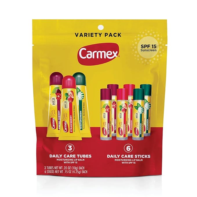 Carmex Daily Care Moisturizing Lip Balm Pack, SPF 15, Multi-Flavor Lip Care Variety Pack Bag, 9 Count (3 Tubes, 6 Sticks)-Velvo Beauty