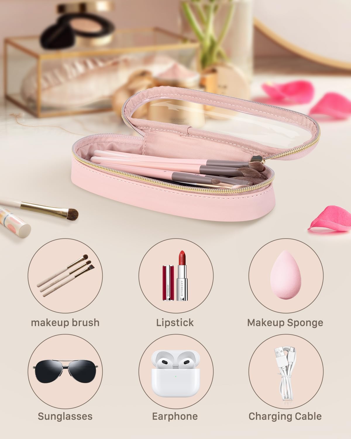 Clear Travel Makeup Brush Holder, Leather Makeup Brush Toiletry Bag, Portable Cosmetic Brush Case, Transparent Waterproof Makeup Brush Storage Bag, Pink, Large-Velvo Beauty