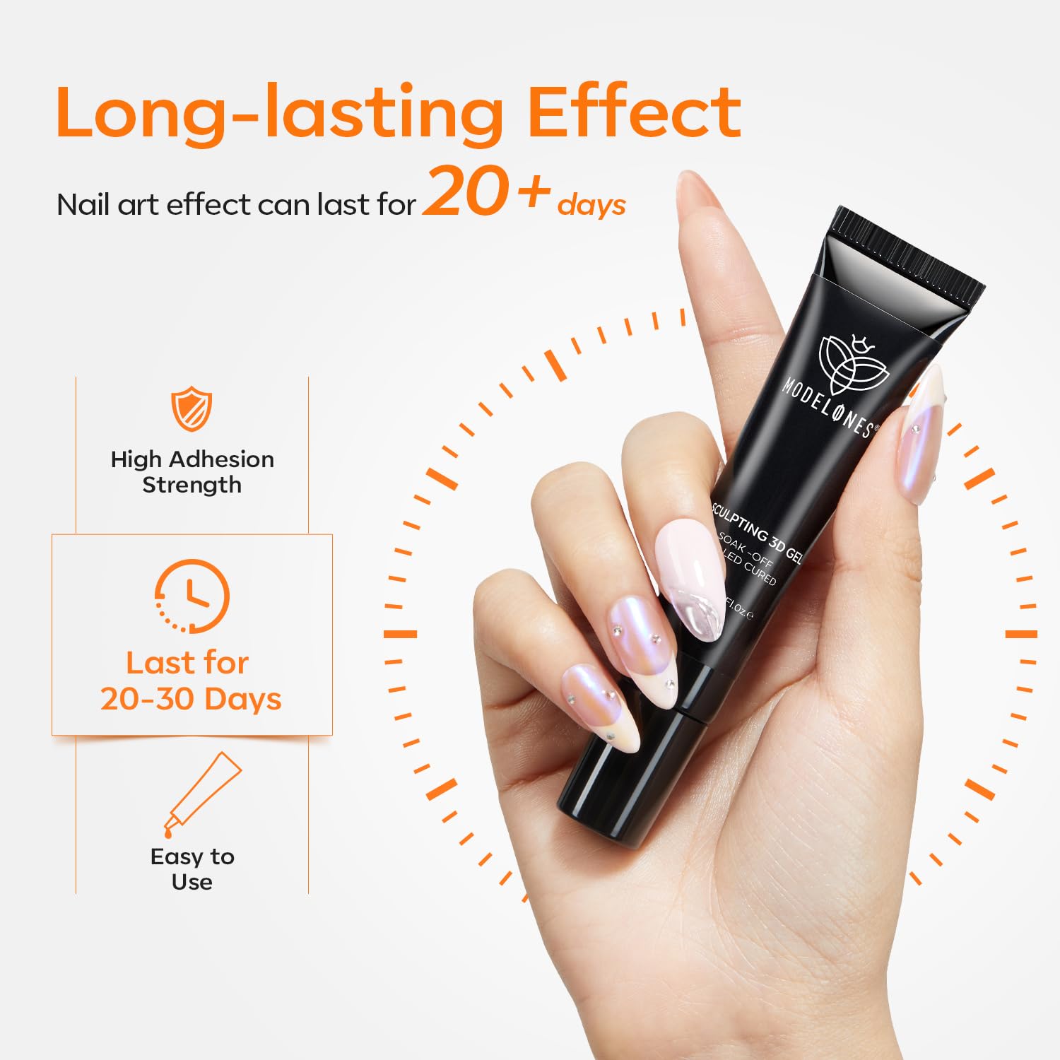 Modelones 3D Gel Nail Art, Sculpting Gel Glue for Molding, Drawing, Charms & Gems Glue, Nail Stuff for Chrome Powder and Rhinestone Design No Wipe, U V Light Cured Salon & DIY Use-Velvo Beauty