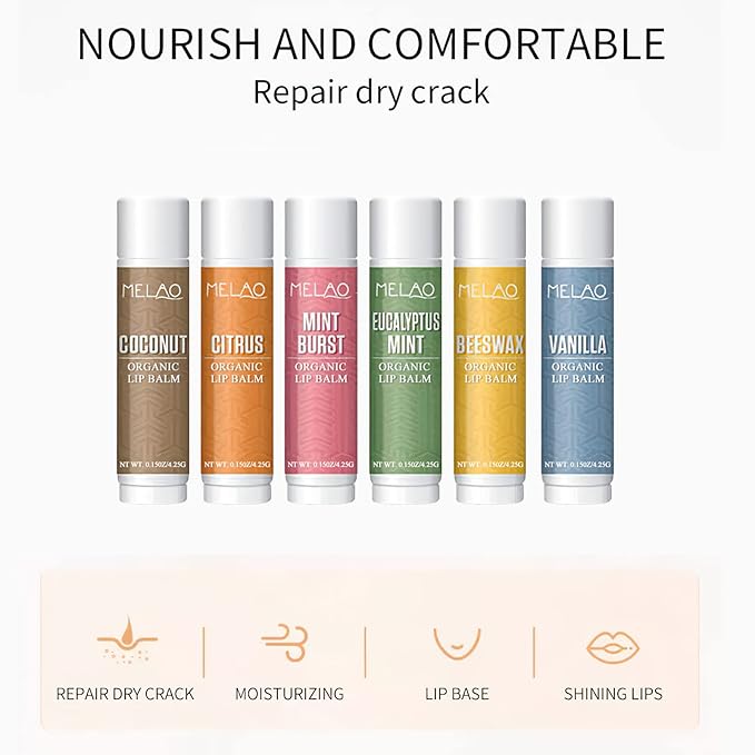 Lip Balm with Nourishing and Hydrating for Dry Cracked Lips, Natural and Organic Ingredients Lip Butters, Lip Balm Set (6 Pack), 6 Scents(Coconut, Citrus, Mint, Eucalyptus Mint, Honey, Vanilla)-Velvo Beauty