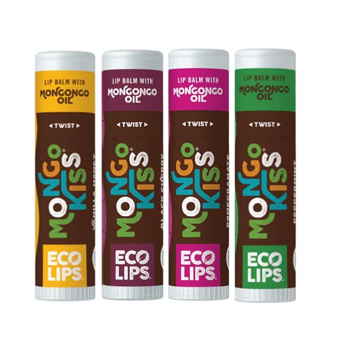 Eco Lips Mongo Kiss Organic Lip Balm 4 Pack Peppermint, Pomegranate, Vanilla Honey, Black Cherry - 100 Percent USDA Organic - Soothe, Moisturize Dry, Cracked and Chapped Lips - Made in USA-Velvo Beauty