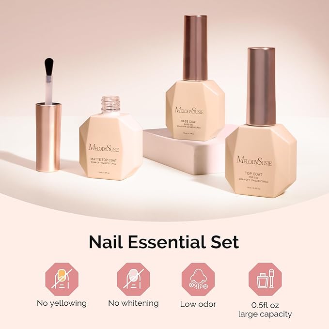 MelodySusie No Wipe Glossy Top Coat Base Coat Matte Top Coat Set Long Lasting Shine Finish Soak Off UV LED Nail Lamp Nail Art Design Manicure Kit Perfect Gifts for Women Girls 3 Pcs 15ml Clear-Velvo Beauty