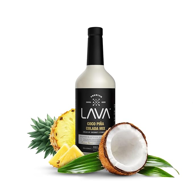 (3 Pack) LAVA Premium Coco Pina Colada Made with Cream of Coconut and Real Pineapple, No Artificial Sweeteners or Flavors, 1-Liter (33.8oz) Glass Bottle.-Velvo Beauty