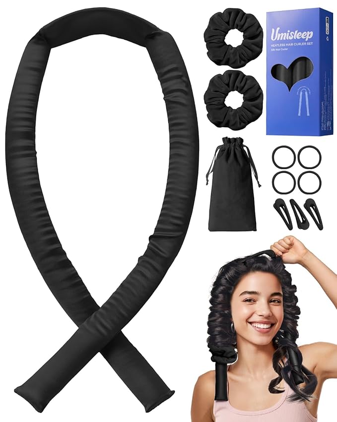 Umisleep 22 Momme 100% Mulberry Silk Heatless Hair Curler Set — Frizz-Free Hair Rollers for Women Long Hair, Overnight Heatless Curls, Upgraded Soft Flat Design with Clips & Scrunchies, Black-Velvo Beauty