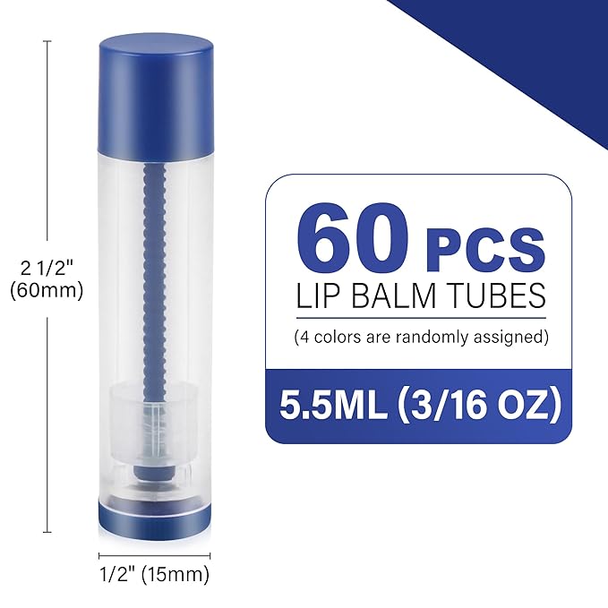 LotFancy Lip Balm Tubes, 60 Empty, 5.5ml, Clear Plastic Containers with 4 Color Caps, BPA Free, Leak Free, Refillable (Yellow White Blue Red)-Velvo Beauty