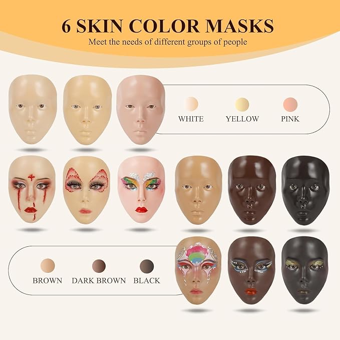 Makeup Practice Face, Eye Makeup Practice Head Silicone, Makeup Practice Accessories Set with Face Painting Mannequin Head, Makeup Brushes, Face Painting and Eyebrow Pen, Makeup Practice Gift, Yellow-Velvo Beauty