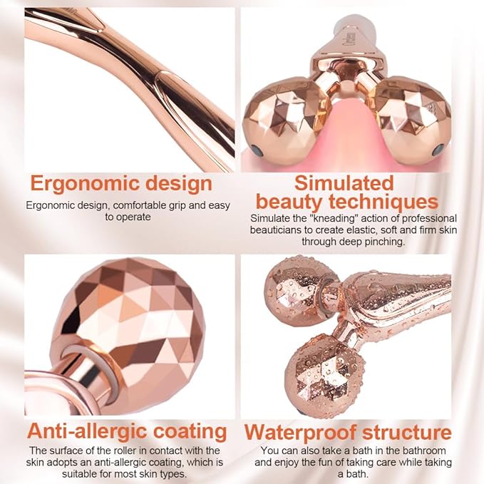 3D Face Roller Metal Facial Massager Face Sculpting Gua Sha Massage Tool for Eye Skin Care Reducing Puffiness Anti-Wrinkle for Women Girl Gift Set(Rose Gold)-Velvo Beauty