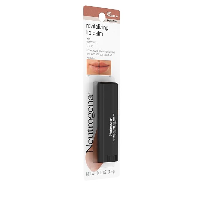 Neutrogena Revitalizing and Moisturizing Tinted Lip Balm with Sun Protective Broad Spectrum SPF 20 Sunscreen, Lip Soothing Balm with a Sheer Tint in Color Soft Caramel 50,.15 oz-Velvo Beauty