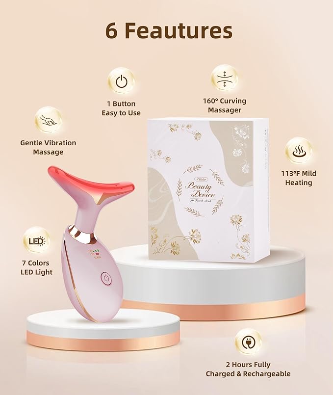 7 Color Face and Neck Massager Light Therapy, Red Light Based Facial Massager for Skin Care, Firming, Smoothing (Pink)-Velvo Beauty