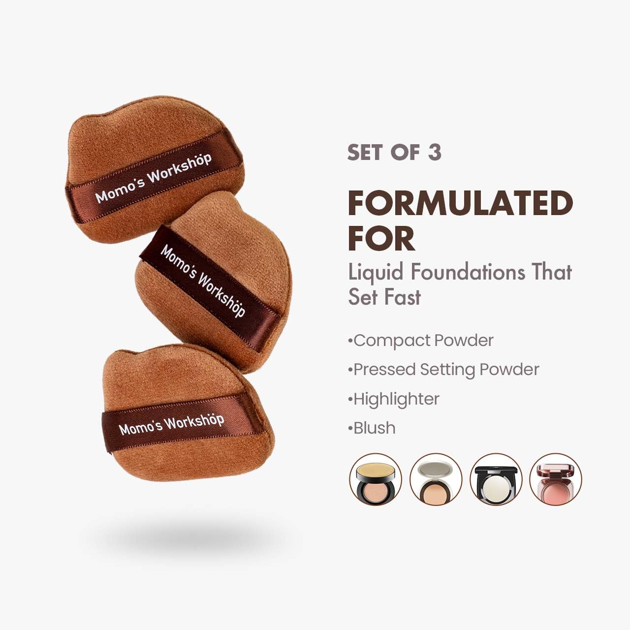 Single-Ear Short Plush Puff,Brown Velvet Powder Puff, 85° Pointed Tip for Highlighting & Full-Face Setting,3pcs Plush Puffs & Storage Case-Velvo Beauty