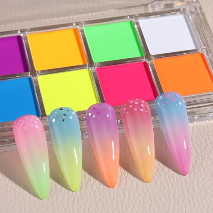 Neon Phosphor Nail Powder Set - 10 Colors, Fluorescent Glitter Gradient, Iridescent Rubbing Dust, Ombre Brush for DIY Nail Art-Velvo Beauty